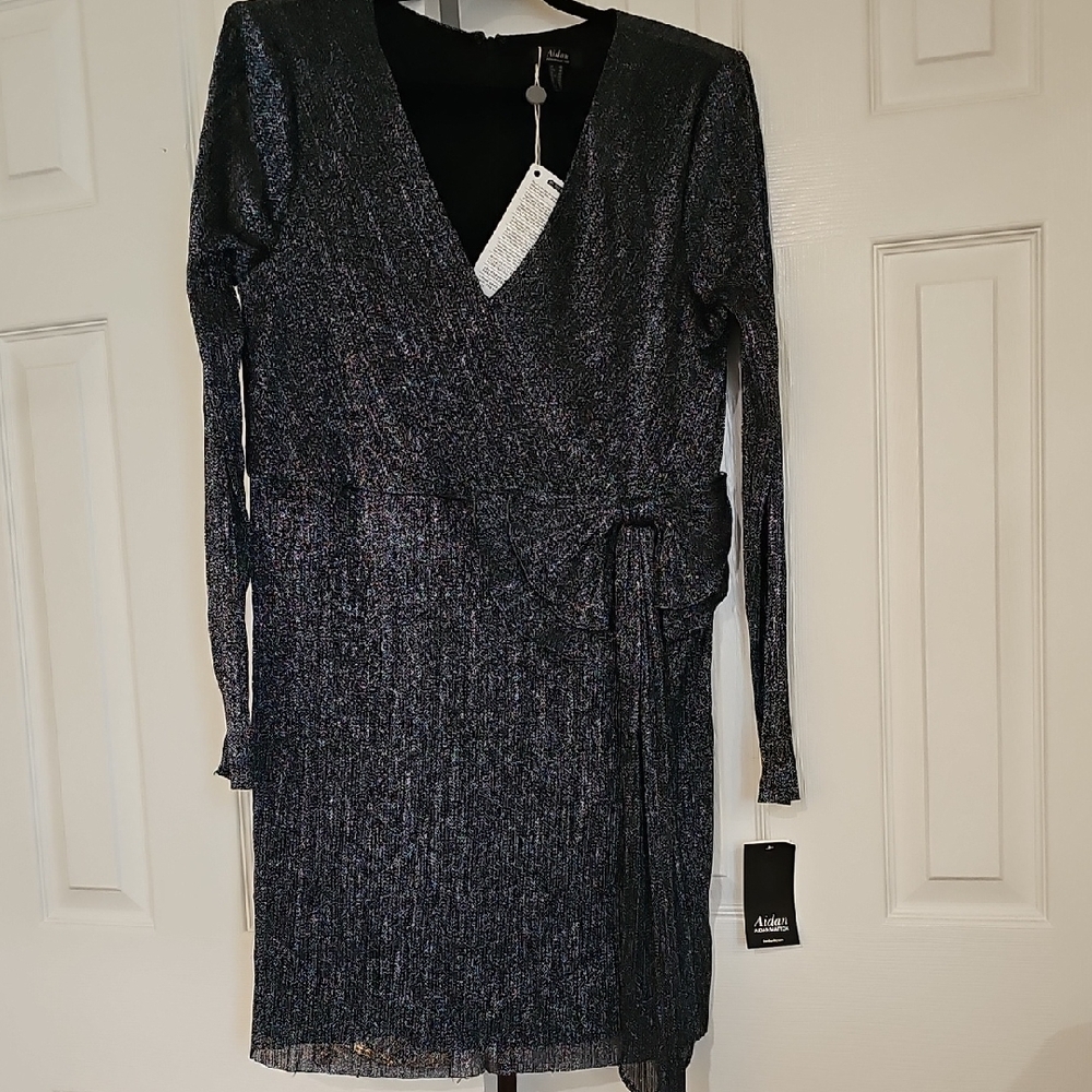Aidan Mattox Shimmery Black Wrap Long-Sleeve Dress